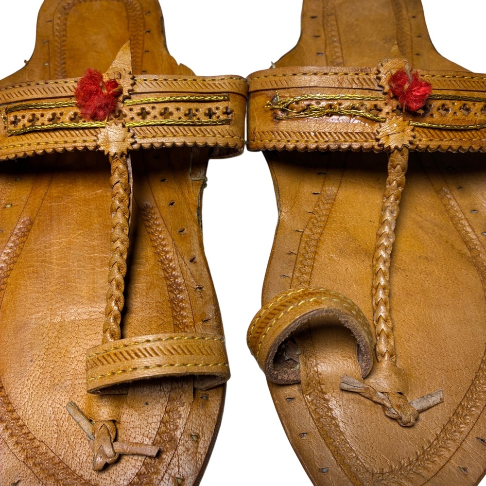 Handmade Leather Kolhapuri T Strap Sandals Braided Tan Brown Womens 10